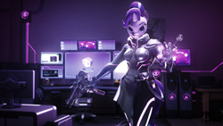 Size: 2880x1620 | Tagged: safe, artist:nikpinkie, starlight glimmer, anthro, 3d, computer, crossover, overwatch, solo, sombra (overwatch), sombra glimmer, weapon