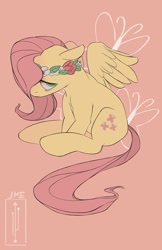 Size: 650x1005 | Tagged: safe, artist:estradaart, fluttershy, pegasus, pony, floral head wreath, sad, sitting, solo