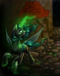 Size: 1024x1280 | Tagged: safe, artist:sizaru, queen chrysalis, changeling, changeling queen, bandage, building, digital art, fangs, female, glowing horn, horn, mare, running, solo, wings