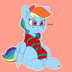 Size: 3865x3873 | Tagged: safe, artist:pabbley, derpibooru import, rainbow dash, pegasus, pony, christmas sweater, clothes, ear fluff, female, hooves between legs, mare, simple background, sitting, solo, sweater