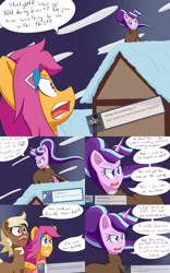 Size: 2000x3200 | Tagged: safe, artist:jake heritagu, scootaloo, starlight glimmer, oc, oc:sandy hooves, pony, comic:ask motherly scootaloo, ask, cloak, clothes, comic, hairpin, motherly scootaloo, snow, sweatshirt