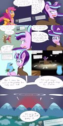 Size: 2000x4000 | Tagged: safe, artist:jake heritagu, scootaloo, starlight glimmer, oc, oc:lightning blitz, earth pony, pegasus, pony, comic:ask motherly scootaloo, ask, baby, baby pony, cloak, clothes, colt, comic, crate, cup, dialogue, female, flashback, hairpin, holding a pony, male, mother and child, mother and son, motherly scootaloo, offspring, older, older scootaloo, paper, parent and child, parent:rain catcher, parent:scootaloo, parents:catcherloo, pencil, snow, speech bubble, sweatshirt, table, teacup, time glitch, tumblr, vase