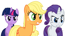 Size: 9970x5500 | Tagged: safe, artist:drfatalchunk, applejack, rarity, twilight sparkle, earth pony, pony, unicorn, absurd resolution, angry, hatless, missing accessory, simple background, transparent background, vector