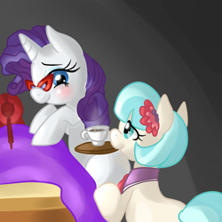 Size: 1024x1024 | Tagged: safe, artist:inumocchi, coco pommel, rarity, pony, unicorn, rarity takes manehattan, coffee, glasses, mouth hold, sewing, sewing machine