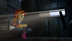 Size: 3840x2160 | Tagged: safe, artist:legoguy9875, sunset shimmer, human, equestria girls, 3d, bed, chair, room, sitting, solo, source filmmaker, sunlight, thinking, window