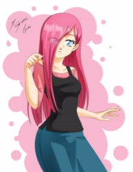 Size: 2550x3300 | Tagged: safe, artist:shinta-girl, pinkie pie, human, clothes, female, hair over one eye, humanized, looking at you, pinkamena diane pie, skirt, solo