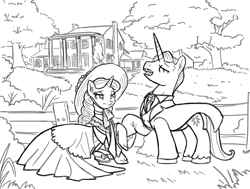 Size: 1280x966 | Tagged: safe, artist:king-kakapo, prince blueblood, rarity, pony, unicorn, clothes, dress, gone with the wind, monochrome, parody