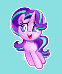 Size: 860x1024 | Tagged: safe, artist:sliceoflove, starlight glimmer, unicorn, blue background, female, mare, open mouth, simple background, smiling, solo