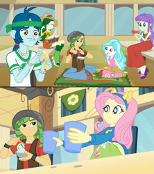 Size: 735x829 | Tagged: safe, screencap, captain planet, fluttershy, sandalwood, equestria girls, equestria girls (movie), banana, bongos, fake ears, food, hippie, pony ears, watermelon, wondercolts uniform