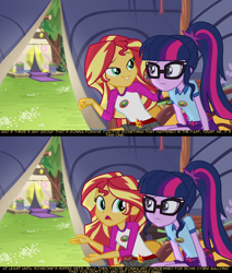 Size: 1280x1508 | Tagged: safe, screencap, sci-twi, sunset shimmer, twilight sparkle, equestria girls, legend of everfree, spoiler:comicholiday2014, anon-a-miss, camp everfree logo, camp everfree outfits, psyga's alternate pony scenes, salty, screencap comic