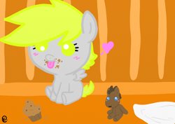 Size: 842x595 | Tagged: safe, artist:madkaichi, derpy hooves, doctor whooves, filly, food, heart, messy eating, muffin, toy, younger