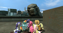 Size: 1256x661 | Tagged: safe, derpibooru import, applejack, fluttershy, pinkie pie, rainbow dash, rarity, twilight sparkle, earth pony, kaiju, pegasus, pony, unicorn, 3d, crossover, gmod, godzilla, godzilla (series), godzilla 2014, mane six