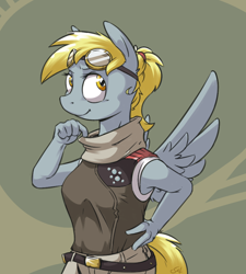 Size: 800x890 | Tagged: safe, artist:yeendip, derpy hooves, anthro, clothes, goggles, hand on hip, solo, underp, uniform