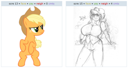 Size: 1056x562 | Tagged: safe, artist:moronsonofboron, applejack, twist, big breasts, breasts, busty twist, exploitable meme, female, glasses, humanized, juxtaposition, juxtaposition win, simple background, vector, white background