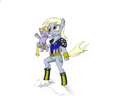 Size: 1024x791 | Tagged: safe, artist:demonioblanco, derpy hooves, dinky hooves, pony, asuka, bipedal, color, ein, hokuto no ken