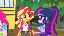 Size: 640x360 | Tagged: safe, screencap, pinkie pie, sci-twi, sunset shimmer, twilight sparkle, equestria girls, legend of everfree, animated, gif, hand on shoulder, talking