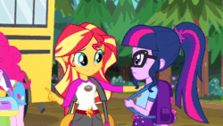 Size: 640x360 | Tagged: safe, screencap, pinkie pie, sci-twi, sunset shimmer, twilight sparkle, equestria girls, legend of everfree, animated, gif, hand on shoulder