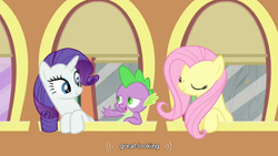 Size: 854x480 | Tagged: safe, screencap, fluttershy, rarity, spike, dragon, pegasus, pony, unicorn, a canterlot wedding, meme, youtube caption