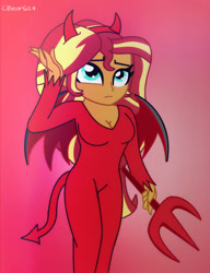 Size: 1450x1891 | Tagged: safe, artist:cbear624, sunset shimmer, equestria girls, breasts, cleavage, clothes, costume, devil horns, female, halloween, pitchfork, solo, sunset jiggler