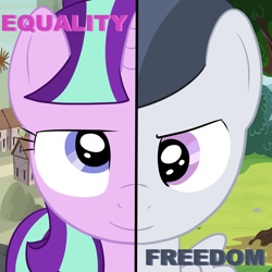 Size: 1600x1600 | Tagged: safe, artist:w4t3rkin9, rumble, starlight glimmer, pony, unicorn, marks and recreation, the cutie map, freedom, split screen, two sided posters