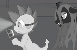 Size: 1280x832 | Tagged: safe, artist:techgear, queen chrysalis, spike, changeling, changeling queen, dragon, comic:friendship is innuendo, alien (franchise), dark room