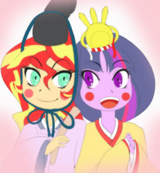 Size: 831x899 | Tagged: safe, artist:nipa, sunset shimmer, twilight sparkle, equestria girls, :d, alternate costumes, alternate hairstyle, blush sticker, blushing, clothes, crossdressing, emperor, empress, female, heian period, hinamatsuri, humanized, japanese doll festival, junihitoe, kimono (clothing), lesbian, looking at each other, shipping, sunsetsparkle