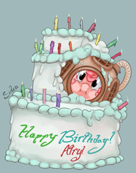 Size: 855x1086 | Tagged: safe, artist:siden, pinkie pie, earth pony, pony, against glass, cake, candle, clothes, costume, diving suit, food, happy birthday, messy, pop out cake, solo