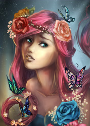 Size: 3234x4544 | Tagged: safe, artist:my-magic-dream, fluttershy, butterfly, bust, female, flower, flower in hair, humanized, portrait, realistic, rose, solo