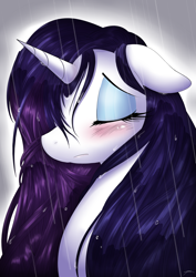 Size: 2893x4092 | Tagged: safe, artist:mirapony, rarity, pony, unicorn, rarity takes manehattan, blushing, bust, eyes closed, eyeshadow, female, floppy ears, frown, mare, portrait, rain, sad, solo, wet, wet mane, wet mane rarity