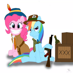 Size: 2453x2471 | Tagged: safe, artist:scyphi, derpibooru import, pinkie pie, rainbow dash, earth pony, pegasus, pony, al capone, gangster, gun, lackadaisy, prohibition, submachinegun, tommy gun