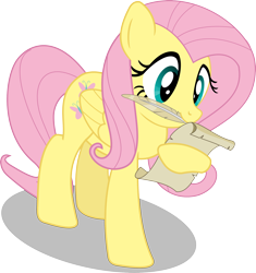 Size: 2576x2740 | Tagged: safe, artist:matty4z, fluttershy, pegasus, pony, cute, mouth hold, quill, scroll, simple background, smiling, solo, transparent background, vector, writing