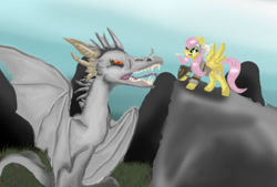 Size: 620x419 | Tagged: source needed, useless source url, safe, artist:ponydragonlover3840, fluttershy, dragon, pegasus, pony, armor, dovahkiin, dovahshy, dragonborn, flutterbadass, skyrim, the elder scrolls