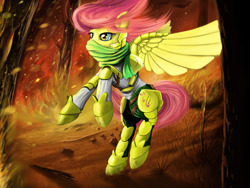 Size: 1600x1200 | Tagged: safe, artist:boomythemc, part of a set, fluttershy, pegasus, pony, armor, badass, description at source, description is relevant, everfree forest, flutterbadass, forest, forest background, forest fire, short hair, solo