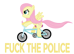 Size: 2792x2042 | Tagged: safe, artist:brayburnman, fluttershy, pegasus, pony, badass, bicycle, frown, fuck the police, glare, riding, simple background, solo, spread wings, vulgar, white background