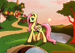 Size: 1024x726 | Tagged: safe, artist:ceciliacrow, fluttershy, pegasus, pony, female, fluttershy's cottage, mare, solo