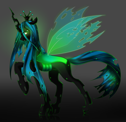 Size: 900x873 | Tagged: safe, artist:missaka, artist:ocean-blue12, queen chrysalis, changeling, changeling queen, black background, crown, female, glow, jewelry, looking at you, pixiv, profile, raised hoof, regalia, simple background, solo, spread wings, wings