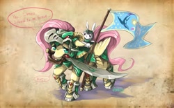 Size: 2144x1337 | Tagged: safe, artist:audrarius, angel bunny, fluttershy, pegasus, pony, armor, flag, mouth hold, riding, scimitar, speech bubble, sword