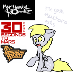 Size: 500x500 | Tagged: safe, artist:ask-derpyspanish, derpy hooves, pegasus, pony, 30 seconds to mars, all american rejects, emo, female, floppy ears, mare, me gusta, my chemical romance, open mouth, raised hoof, sitting, solo, spanish, tumblr:ask-derpyspanish