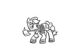 Size: 873x587 | Tagged: safe, artist:nasse, applejack, earth pony, pony, axe, monochrome, mouth hold, solo, viking, weapon