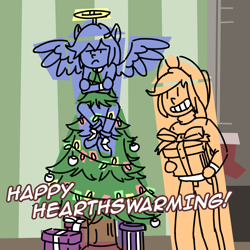 Size: 800x800 | Tagged: safe, artist:rawrienstein, derpibooru import, applejack, rainbow dash, human, appledash, ask nerd dash, christmas, christmas tree, female, hearth's warming eve, holiday, humanized, lesbian, shipping, tree, unamused, winged humanization, wings