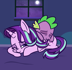 Size: 721x700 | Tagged: safe, artist:radek1212, spike, starlight glimmer, dragon, pony, unicorn, baby, baby dragon, bed, blanket, blue eyes, cuddling, cute, cutie mark, eyes closed, featured on derpibooru, female, full moon, glimmerbetes, hair flip, horn, indoors, lidded eyes, looking back, love, male, mare, moon, night, night sky, nose wrinkle, on top, one eye closed, prone, scales, shipping, sky, sleeping, smiling, sparlight, spikabetes, squishy cheeks, starlight's room, stars, straight, underhoof, weapons-grade cute, window