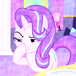 Size: 600x600 | Tagged: safe, edit, edited screencap, screencap, starlight glimmer, pony, unicorn, no second prances, boop, cropped, exploitable meme, glimmerposting, lidded eyes, meme, raised eyebrow, self-boop, smiling, smirk, solo