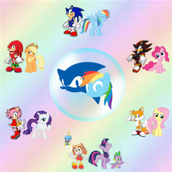 Size: 6600x6600 | Tagged: safe, artist:fuzon-s edits, artist:nightfire3024, derpibooru import, applejack, fluttershy, pinkie pie, rainbow dash, rarity, spike, twilight sparkle, dragon, earth pony, pegasus, pony, unicorn, absurd resolution, amy rose, background pony strikes again, chao, cheese, copy and paste, cream the rabbit, crossover, knuckles the echidna, mane seven, mane six, miles "tails" prower, shadow the hedgehog, sonic the hedgehog (series), vector