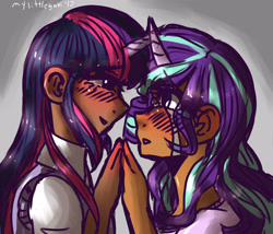 Size: 3675x3150 | Tagged: safe, artist:mylittleyuri, starlight glimmer, twilight sparkle, human, blushing, crying, dark skin, female, high res, holding hands, horned humanization, human coloration, humanized, lesbian, looking at each other, shipping, tears of joy, twistarlight