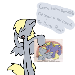 Size: 500x500 | Tagged: safe, artist:ask-derpyspanish, derpy hooves, pony, bipedal, dialogue, eyes closed, floppy ears, open mouth, simple background, spanish, spread wings, translated in the comments, tumblr:ask-derpyspanish, white background