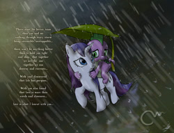 Size: 1024x784 | Tagged: safe, artist:marzzel, rarity, spike, dragon, pony, unicorn, female, leaf, looking back, male, rain, riding, shipping, smiling, sparity, straight, tail hold, wet, wet mane
