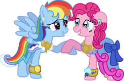 Size: 1024x673 | Tagged: safe, artist:starryoak, derpibooru import, pinkie pie, rainbow dash, earth pony, pegasus, pony, bow, bracelet, clothes, crying, cute, dress, earring, eye contact, female, holding hooves, lesbian, marriage, pinkiedash, shipping, simple background, sweet, tears of joy, transparent background