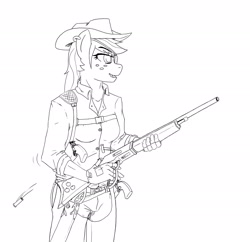 Size: 3000x2907 | Tagged: safe, artist:devious-stylus, applejack, anthro, eyepatch, fanfic, gun, mercenary, rifle