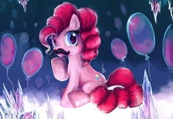 Size: 1280x879 | Tagged: safe, artist:r0b0tassassin, pinkie pie, earth pony, pony, balloon, crystal, looking at you, looking back, looking back at you, moustache, solo