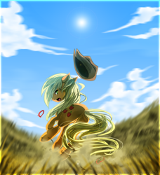 Size: 1160x1270 | Tagged: safe, artist:konveekou, applejack, earth pony, pony, cloud, cloudy, grass, loose hair, running, solo